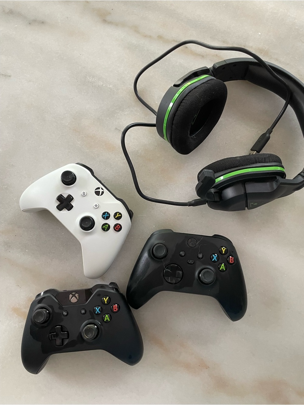 Xbox Controllers and Headset Bundle — White & Black with Green Accents